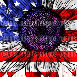 American Flag Pattern Sunflower Png, Watercolor Splatter, Sublimation for 4th of July, Patriotic Sunflower, American Digital Download image 2