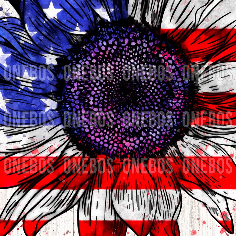 American Flag Pattern Sunflower Png, Watercolor Splatter, Sublimation for 4th of July, Patriotic Sunflower, American Digital Download image 2