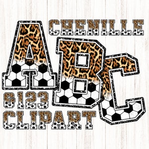 May include: Digital clipart featuring the letters A, B, and C, numbers 6, 1, 2, and 3, and the word "CHENILLE" and "CLIPART". The letters and numbers have a leopard print design with soccer ball accents.