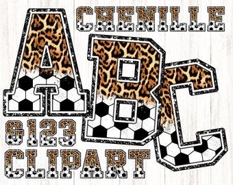 May include: Digital clipart featuring the letters A, B, and C, numbers 6, 1, 2, and 3, and the word "CHENILLE" and "CLIPART". The letters and numbers have a leopard print design with soccer ball accents.