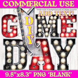 Game Day PNG, uso comercial em branco, adicionar texto para personalizar downloads digitais, letreiro e seta, letras bulbosas, vermelho preto branco