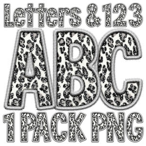 May include: A set of letters and numbers in a silver and white leopard print design. The letters are A, B, and C. The numbers are 1, 2, and 3. The text "Letters & 123 ABC 1 Pack PNG" is also included in the image.