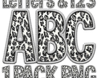 Digital Leopard PNG Alphabet, Faux Embroidery Silver Stitch Alpha, Black Glitter Accent, Sublimation Transfer Art, Black White Grey