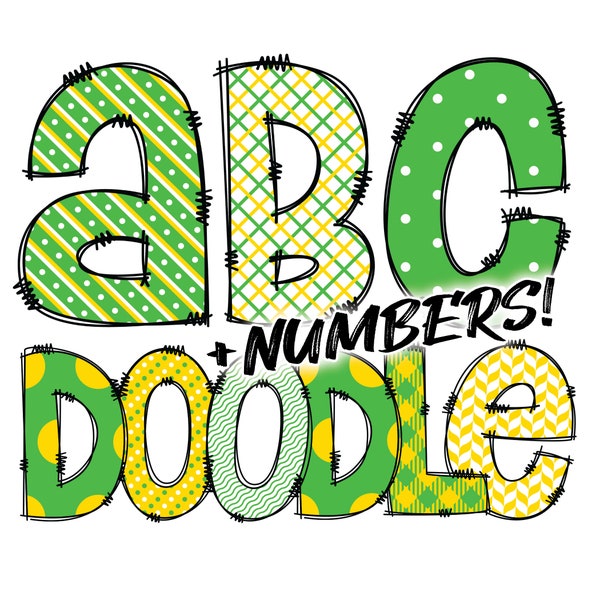 Digital Download | Doodle Green Yellow 1 Pattern Fill | PNG Clipart Bundle Alphabet Pack | Letters and Numbers