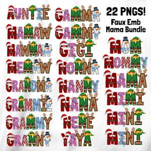Mama Weihnachten PNG Bundle, 22er Pack, Faux Embroidery Buchstaben, Hirsch Elfe Schneemann Santa Lichter Streifen, Mama Nana Mini Gigi Oma Mawmaw