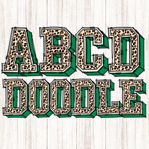 Doodle Varisty Alphabet PNG, download digital de letras e números de Doodle desenhados à mão com sotaque verde Kelly e preenchimento de estampa de leopardo