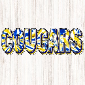 Cougars Mascot Digital Download PNG, Tie-dye Yellow, White, Royal Blue, School Spirit Design for Sublimation, Printable Clipart Transfer