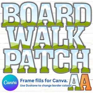 Digital Boardwalk Patch PNG, Faux Stickerei Block Buchstaben & Zahlen, DIY Farbe in Canva, Canva Rahmen füllen Set, Duotone, Verlaufskarte