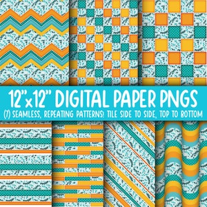 Wallpaper Achtergrond - Digitaal Papier | Naadloos | Chevron, baksteen, strepen, golvende retro | Lente bloemen, geel, groenblauw, stippen WA55LL-A200