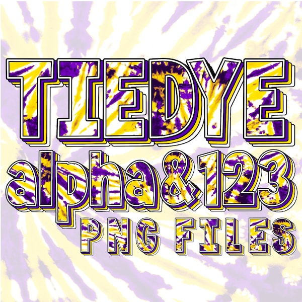 TieDye Alphabet PNG, Purple White & Yellow Gold Shadow Letters, Uppercase Lowercase Number Sublimation, Summer, School Spirit, Tumbler