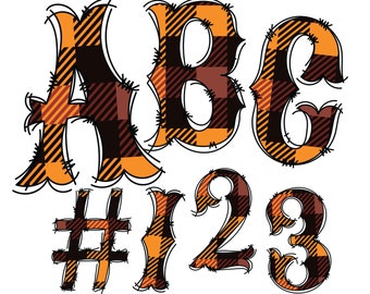 May include: Orange and brown plaid letters A, B, C, #, 1, 2, and 3. The letters and numbers are in a stylized font with a frayed edge.