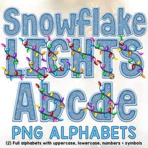Kerstverlichting, Sneeuwvlok PNG Alfabet, Faux Borduur Klassieke Steek Patch, Decoratieve Letter Sublimatie Clipart Pack, Blauw & Wit