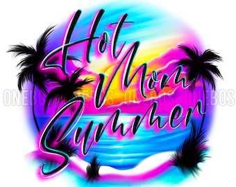 Airbrush Beach Scene PNG, Hot Mom Summer, Strandachtergrond, Digitaal downloadbestand, Tropische zonsopgang zonsondergang met palmbomen en oceaan, Print