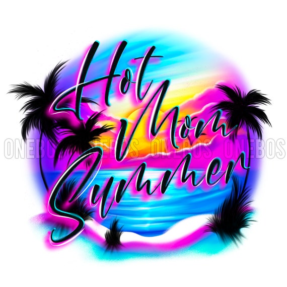 Airbrush Beach Scene PNG, Hot Mom Summer, Beach Background, Digital Download File, Tropical Sunrise Sunset with Palm Trees and ocean, Print