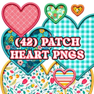 May include: A collection of heart-shaped patches with various designs, including floral patterns, gingham, and stripes. The patches are in shades of pink, blue, green, and yellow, with embroidered details. Text on the image reads "(42) PATCH HEART PNGS".