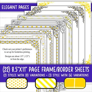 May include: A set of 22 printable 8.5" x 11" page frame or border sheets. The sheets feature two different styles of decorative frames with eight variations each, plus one additional style with six variations. The frames are black and white with yellow polka dot, striped, and solid fill patterns.