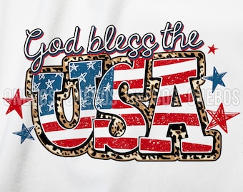 God Bless the USA PNG, Patriotic Leopard Png for Sublimation, DTG, Waterslide, Cute American Flag Fill Bubble Letters Vintage, Stars Stripes