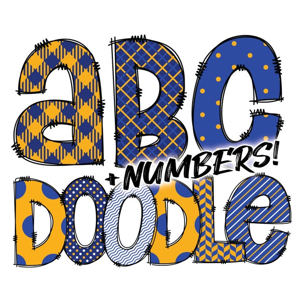 Digital Download | Doodle Blue Yellow 1 Pattern Fill | PNG Clipart Bundle Alphabet Pack | Letters and Numbers