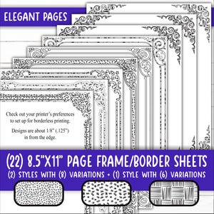 Könnte beinhalten: Ein Satz von 22 druckbaren 8,5" x 11" Seitenrahmen- oder Randblättern. Die Blätter zeigen zwei verschiedene Stile von dekorativen Rahmen mit jeweils acht Variationen und einen Stil mit sechs Variationen. Die Rahmen sind schwarzweiß und haben einen Vintage-Look.