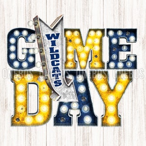 Wildcats GAME DAY PNG, marineblauw, goud, witte schoolkleuren, partytentletters met pijl, retro vintage teken, rustieke grunge sublimatieprint