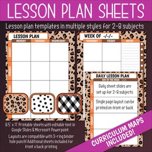 May include: Printable lesson plan templates in multiple styles with leopard print, polka dot, and checkered patterns. The templates are 8.5 inches by 11 inches and are compatible with 3-ring binders. The text says "Lesson Plan Sheets" and "Curriculum Maps Included!"