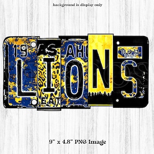 Mascota de los Leones PNG, Diseño de transferencia de imágenes prediseñadas de la mascota de la Escuela de los Leones con letras de matrícula, azul marino y amarillo, oro, corte de impresión, sublimación