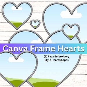 Könnte beinhalten: Sechs Herzformen im Stil der Faux-Stickerei in verschiedenen Größen. Die Herzen sind grau umrandet und haben einen blauen Himmelhintergrund mit weißen Wolken und grünen Hügeln.