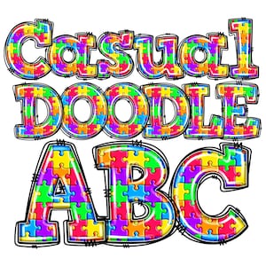 Rainbow Puzzle Pattern Doodle Alphabet PNG, Descarga digital, Letras casuales dibujadas a mano, Niños, Escuela, Sublimación, Arte DTF, Mes del Autismo