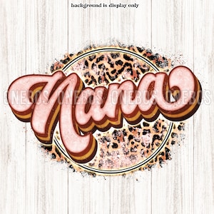 Könnte beinhalten: Rosa und orangefarbener Retro-Text "Mama" mit goldener Umrandung, vor einem Kreis aus braunem und rosafarbenem Leopardenmuster mit schwarzer Umrandung.