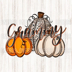 Grammy Pumpkin PNG, Clipart for Fall, Thanksgiving, Hand Drawn Line Font Black & Orange, Doodle Pumpkin, Trio, Beige Orange Leopard, Print