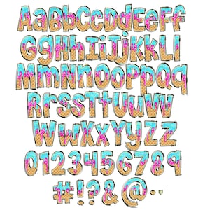 May include: An alphabet and numbers set with a waffle cone and ice cream drip design. The letters are outlined in black and filled with a light blue and pink ice cream drip. The numbers are outlined in black and filled with a light blue ice cream drip. The symbols include a hashtag, exclamation point, question mark, ampersand, at symbol, and period.