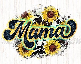 Digital MAMA PNG with Cow Sunflower Print | Retro letters watercolor texture | Cool grunge Circle Sublimation Design | Printable Transfer