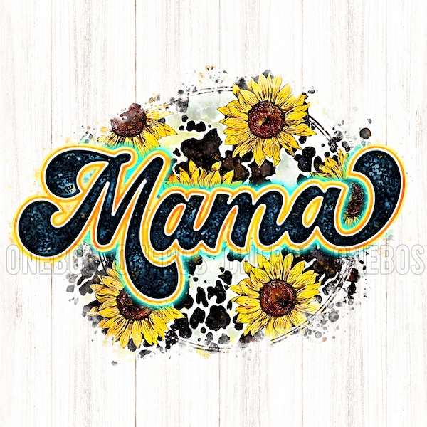 Mama PNG Clipart with Cow & Sunflower Print in Splatter, Patchy Round Circle Shape