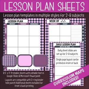 May include: Printable lesson plan templates in multiple styles for 2-8 subjects. The templates feature a pink and gray checkered pattern. The templates are compatible with 3-ring binders and include additional sheets for front and back printing.