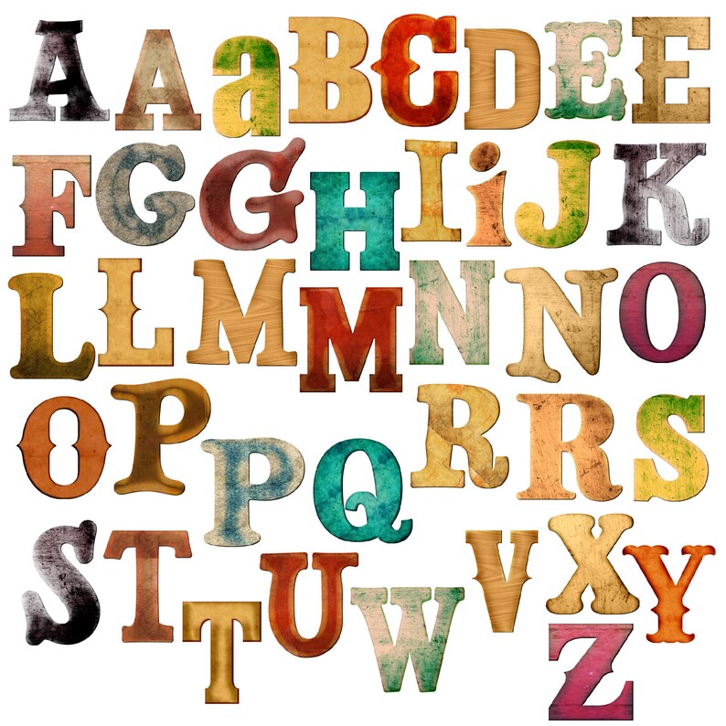 Puede incluir: Un alfabeto colorido con cada letra en un color y textura diferente. Las letras son de madera y tienen un aspecto vintage.