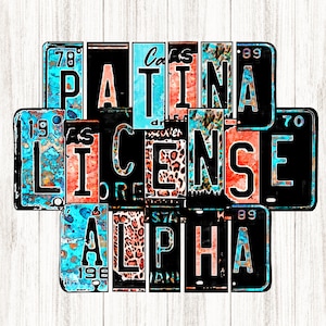 May include: A colorful vintage license plate design with the words "PATINA LICENSE ALPHA" in black letters on a background of turquoise, red, and leopard print.