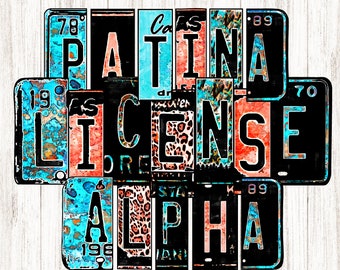 License Plate Alphabet, Teal Turquoise Coral Alpha, Grunge Leopard Clipart Sublimation, Word Builder, Whiskey Rustic Letters Numbers, Print