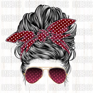 Maroon College Messy Bun, Clipart Funny Mom Bun, Meisje met bril, College, School, Bandana Hoofdband Boog met Polka Dots, Sublimatie DTG