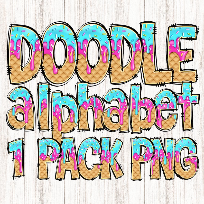 May include: Doodle alphabet letters in a pink and blue waffle cone design with sprinkles. The letters are outlined in black and have a dripping pink and blue icing effect. The text "1 PACK PNG" is below the letters.
