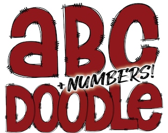 Digital Download | Doodle Maroon Fill | PNG Clipart Bundle Alphabet Pack | Letters and Numbers