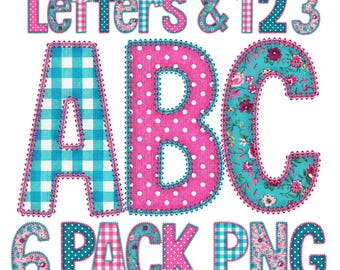 フローラルギンガムポルカドットPNGアルファベット、ピンク＆ティールフェイクキルト生地ダイヤモンドステッチ文字（デジタルダウンロード）
