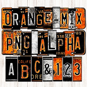 Alfabeto naranja de matrículas, Mix Match Letters, Grunge & Leopard Print, Sublimación de imágenes prediseñadas, Constructor de palabras, Números de letras rústicas, Impresión