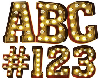 Digital Download | Faux Gold Rustic Marquee Letters and Numbers | PNG Image Graphic Clipart Bundle Set | Alphabet Art for Sublimation