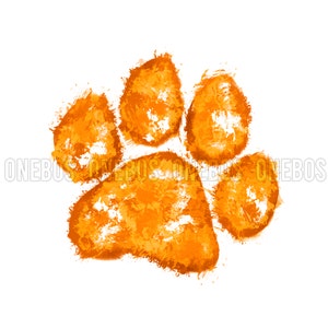 May include: Orange paw print painted in a watercolor style on a white background.