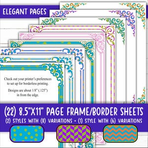 May include: A set of 22 printable 8.5" x 11" page frame or border sheets. The frames feature a variety of colourful, ornate designs with swirls and stars. The text "Elegant Pages" is at the top of the image. The image also includes three sample patterns for the frames.