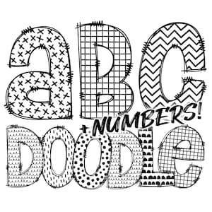 May include: Black and white illustration of the letters A, B, and C with different patterns. The letters are outlined in black and have a stitched look. Below the letters is the text "+ NUMBERS! DOODLE" in black.
