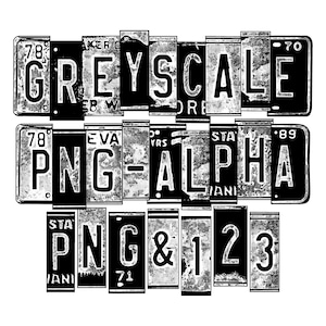 Alfabeto de matrícula gris plateado, piezas delanteras, medias y finales, diseños de palabras de construcción, letras y números, texturas arenosas grunge