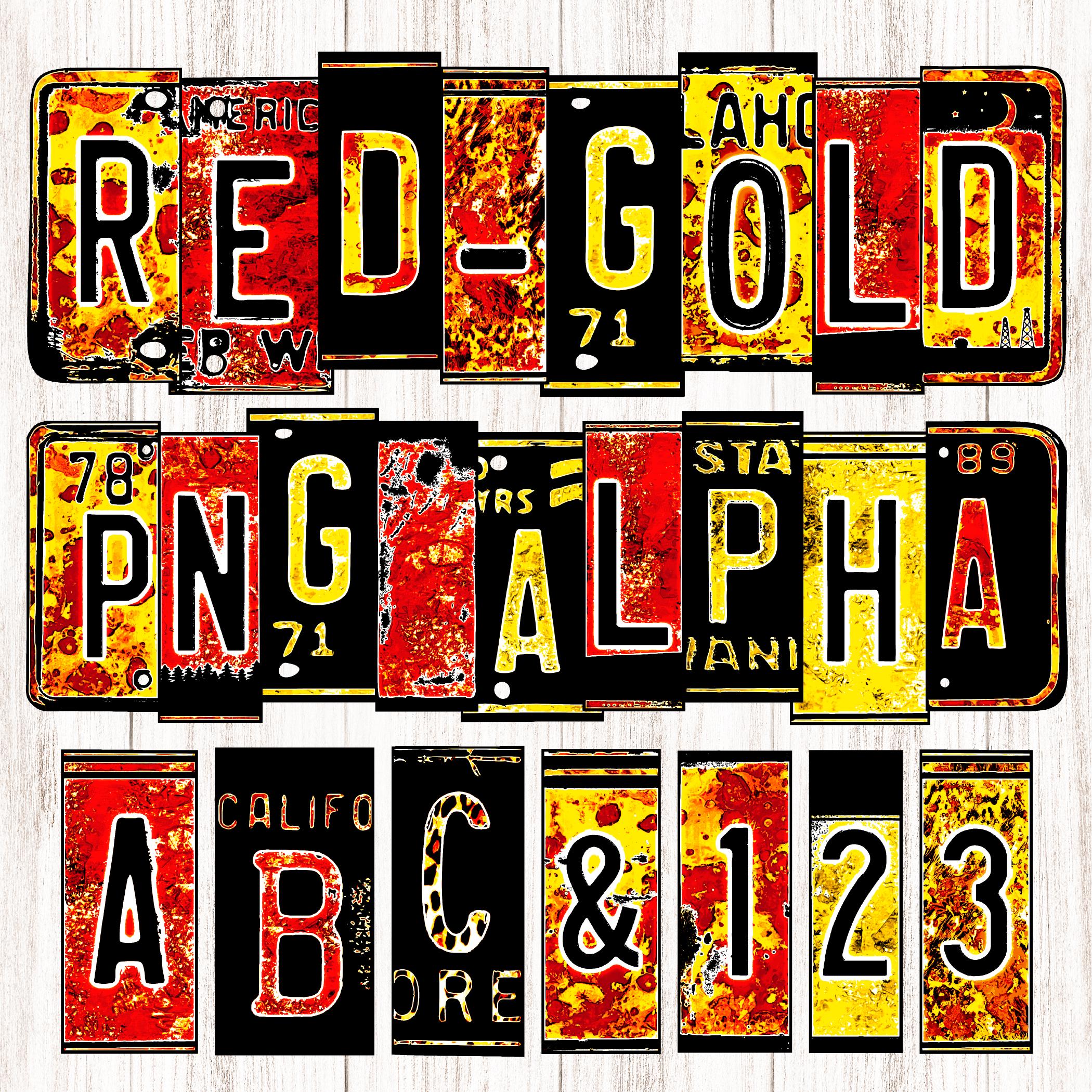 Red & Gold License Plate Alphabet, Mix Match Letters, Grunge