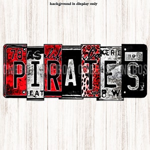 Watercolor License Plate Pirates PNG, Red, Leopard, White, Black, Sublimation School Mascot Word Print, Print Cut, Art
