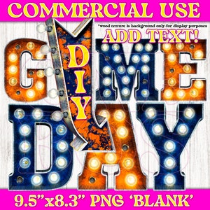 Game Day PNG, uso comercial em branco, adicionar texto, fazer downloads digitais personalizados, seta de letra de letreiro, letras de bulbo, grunge azul e laranja